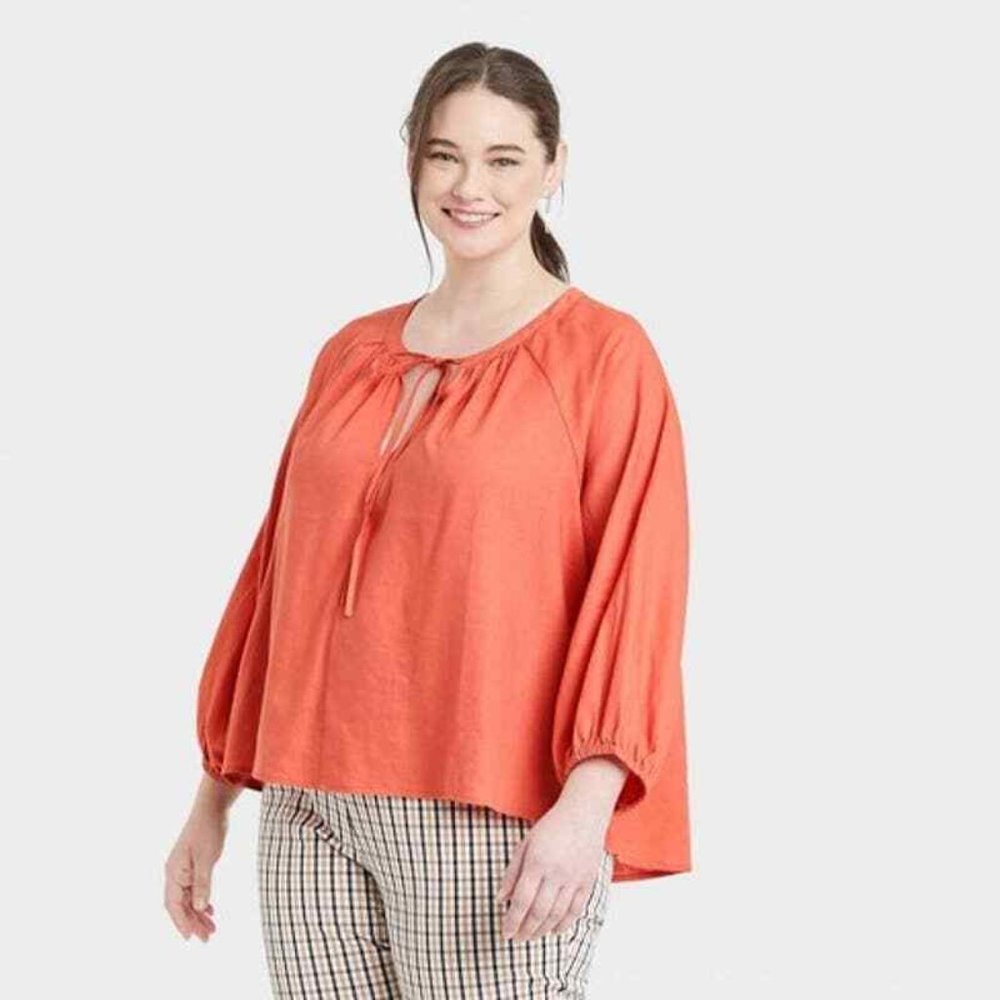Balloon Sleeve Tie-Front Linen Blouse-Orange-Medium-a new day